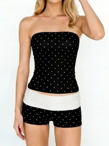 Women's Colorblock Polka Dot Sleeveless Halter Top Flounce Hem Low Waist Hot Pants Two Piece Set, Vintage Sexy Fashion for Daily Casual Sports Party Home Wear Top Shorts Set, Tops Shorts Set