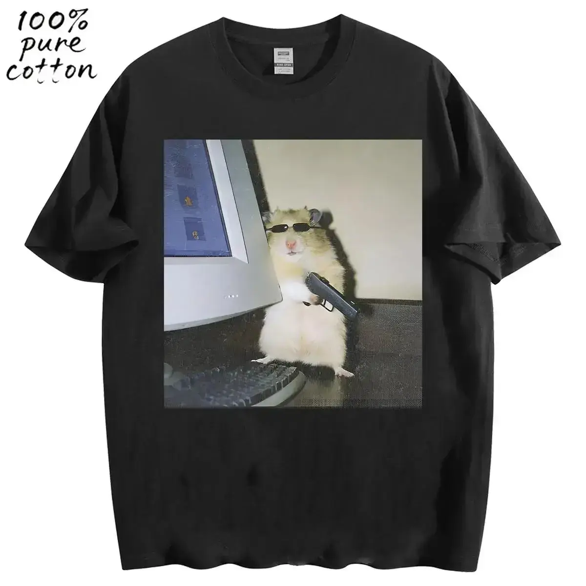 Unisex Vintage Cyber Hamster Graphic Tee - Casual Shortsleeve Tops, Relaxed Fit Cotton Layer, Funny Meme Streetwear from CHEN JX Shop