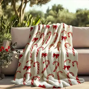 Candy cane and bow print, luxury flannel blanket, suitable for home, bedroom, sofa, travel, home, high-end gift, perfect gift! Ultra-light, soft and warm fleece blanket, 100% polyester material, no pilling and no fading.