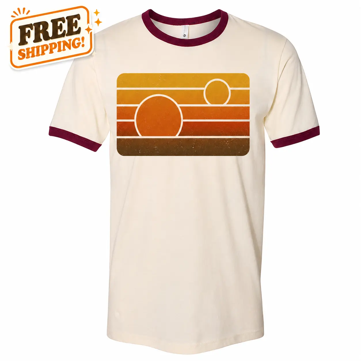 Men's Binary Sunset Ringer T-Shirt - Casual Classic Streetwear, Short-Sleeve Round Neck, Geometric Sun Graphic, Cotton Blend, Soft Minimalist Vintage Aesthetic Tee
