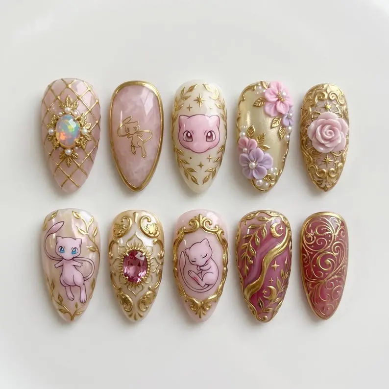 Pink Psychic Cat Inspired Press On Nails, Luxury Gold Baroque Floral Gem Nail Art, 3D Rose Pearl Long Almond Nails, Fantasy Princess Handmade Nail Set