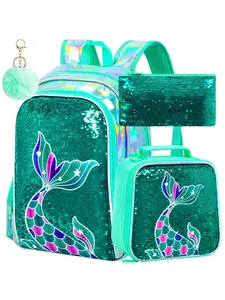Teal Mermaid Tail Sequin Backpack for Girls 3PCS Durable Water Resistant School Backpack Set with Lunch Bag Pen Bag for Little Kids