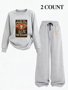 Women's Casual Streetwear Letter Cow Print Round Neck Short Sleeve Top and Loose Drawstring Pants Set, Casual Activewear Set, Sporty Style, Spring Summer, Outfit, Womenswear