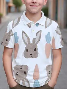 Easter Theme Boy's Cartoon Rabbit Print Short Sleeve Polo Shirt, Graphic Shirt, Cute and Fun Design, Breathable and Comfortable, Perfect for Daily Wear