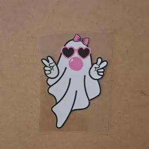 #91 4 Inch UV DTF Ghost with Heart Sunglasses and Bow Design for Creative Projects