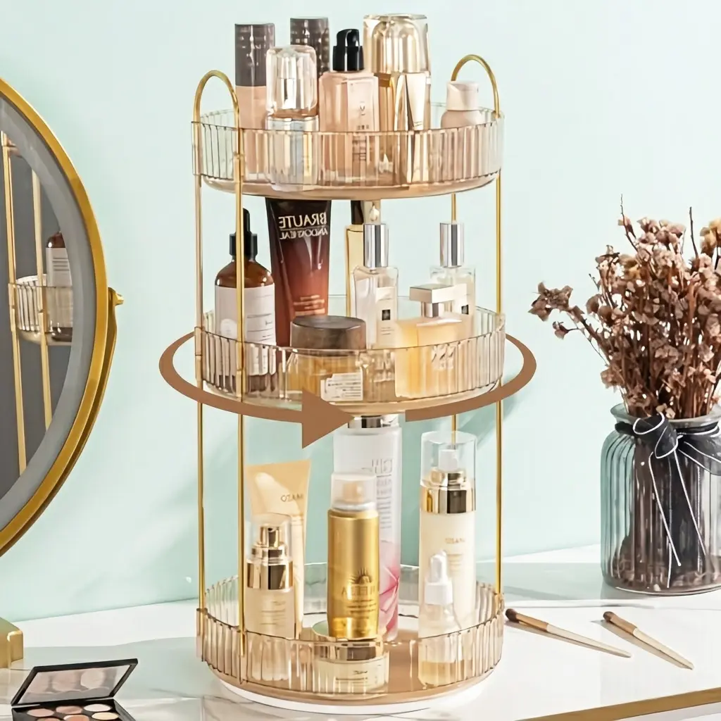 360° Rotating Makeup Organizer 3 Tiers Green/White/Gold Vanity Shelf Collapsible Stackable Storage Boxes for Makeup Perfume Skincare - Room 3Tiers，Kitchen spice rack, bathroom storage shelf, living room sweet and snack rack, hallway shelf