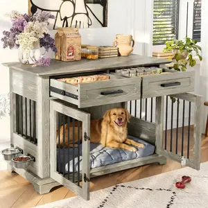 44.48" Wooden Dog Crate Furniture - Indoor Kennel End Table with 2 Storage Drawers, 360° Rotating Bowls, Decorative Pet Cage for Medium to Large Dogs