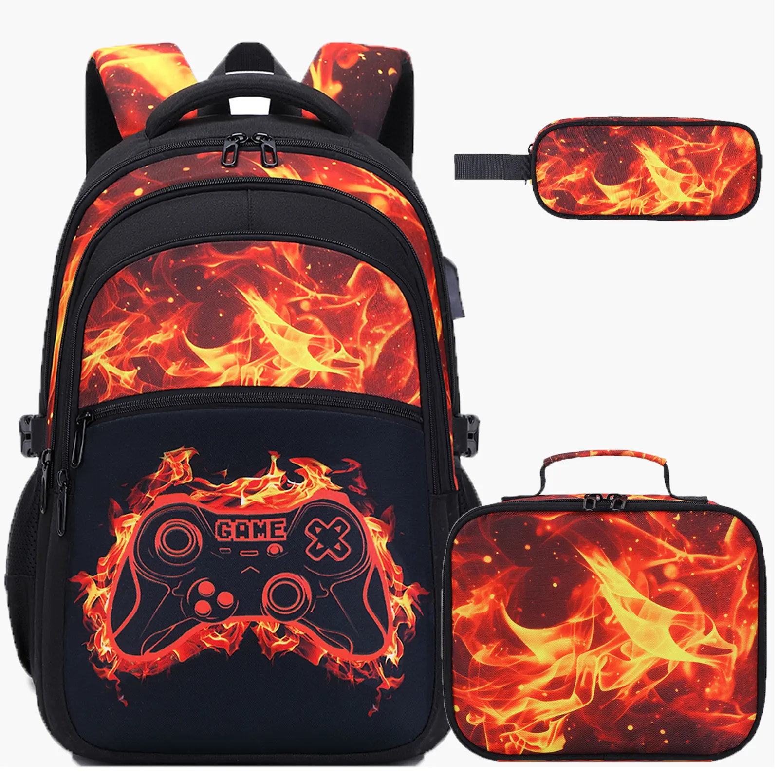 3PCS(Boys Backpack with Lunch Bag & Pencil Pouch)-Yellow Flame