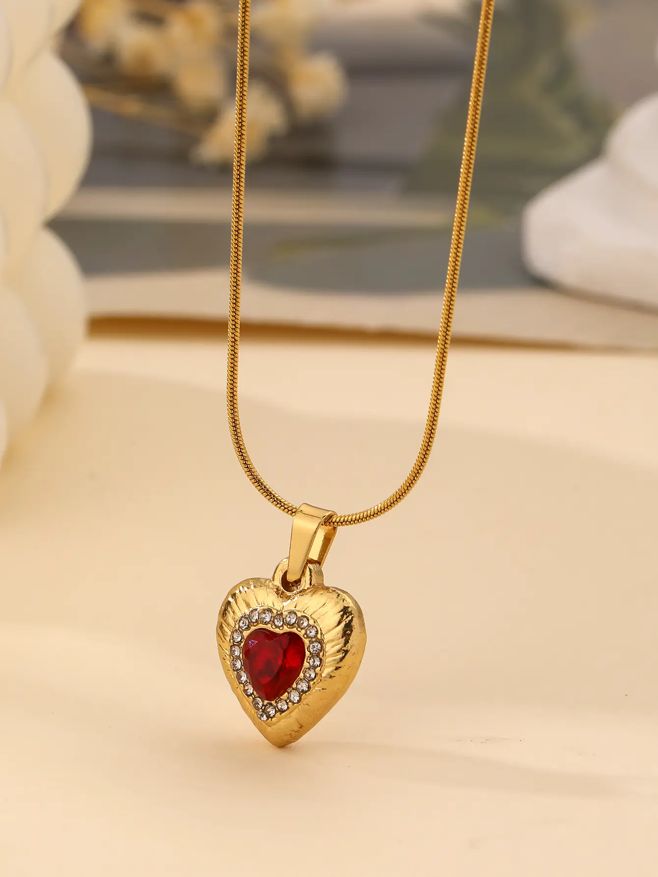 Women's Elegant Heart Pendant Necklace - Gold Metal Chain, Red Gemstone, Rhinestones, Fashion Costume Jewelry Accessory