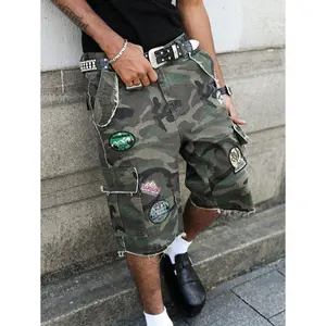 (Gold promotion)Men's Camouflage Print Distressed Hem Pocket Denim Shorts Cargo Shorts For Men