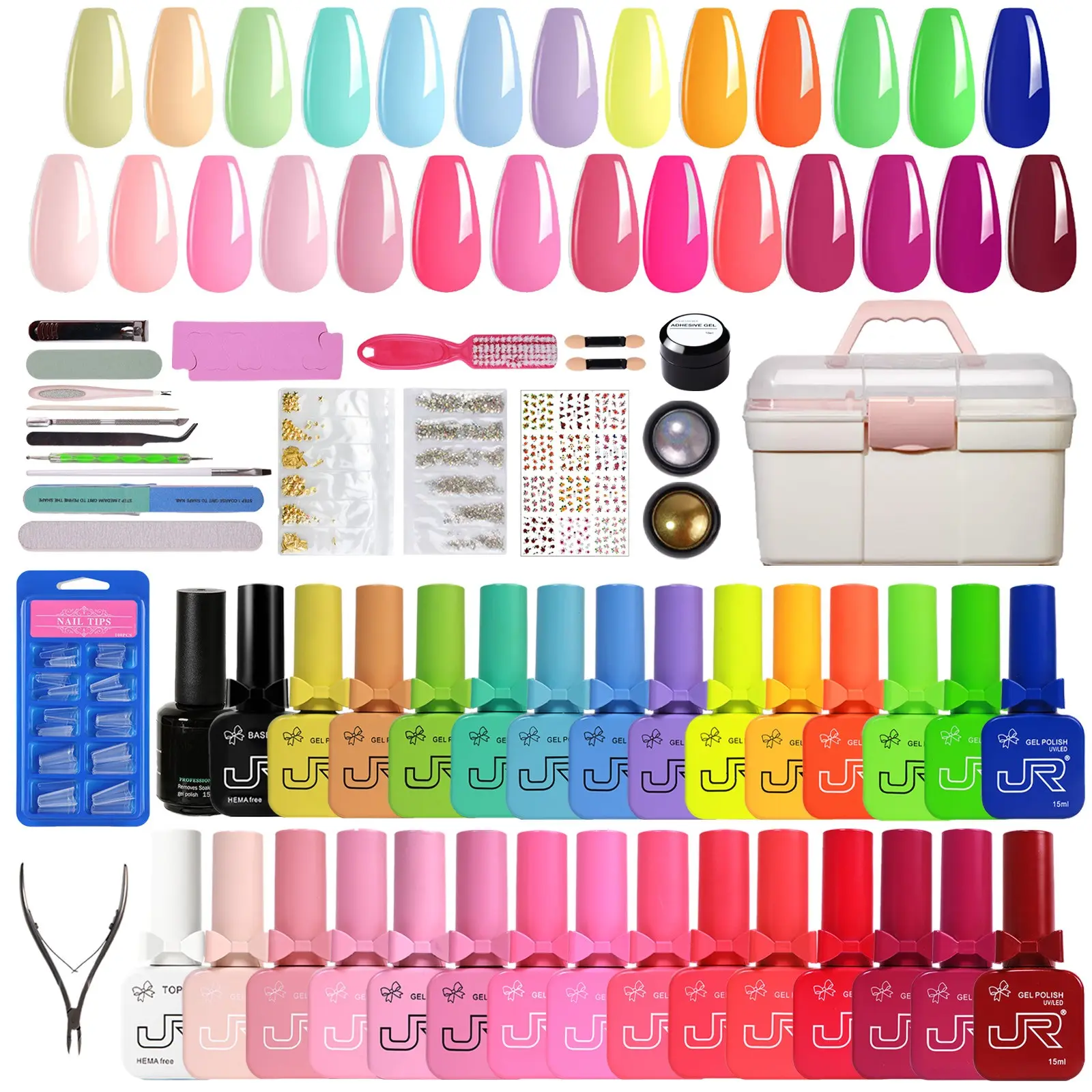 JR 53 Pcs Gel Nail Polish Kit 27 Colors 15ml with Top and Base Coat Nail Art Tools Set UV Light Translucent Glossy Formula Perfect Gift for Women Nail Art Stickers Nail Supplies