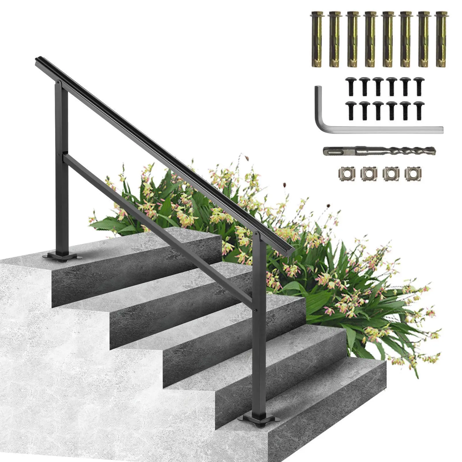 【SummerFinds】VEVOR Outdoor Handrail 165LBS Load Handrail Outdoor Stairs Aluminum Stair Handrail 60 x 35" Outdoor Stair Railing Transitional Range from 0 to 30° Staircase Handrail Fits 4-5 Steps with Screw Kit