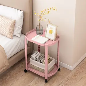 Mobile Side Table, Rolling Storage Cart & Nightstand, 2-Tier Pink Metal Design, Living Room & Bedroom Use, Must-Have for Space-Saving Storage & Display