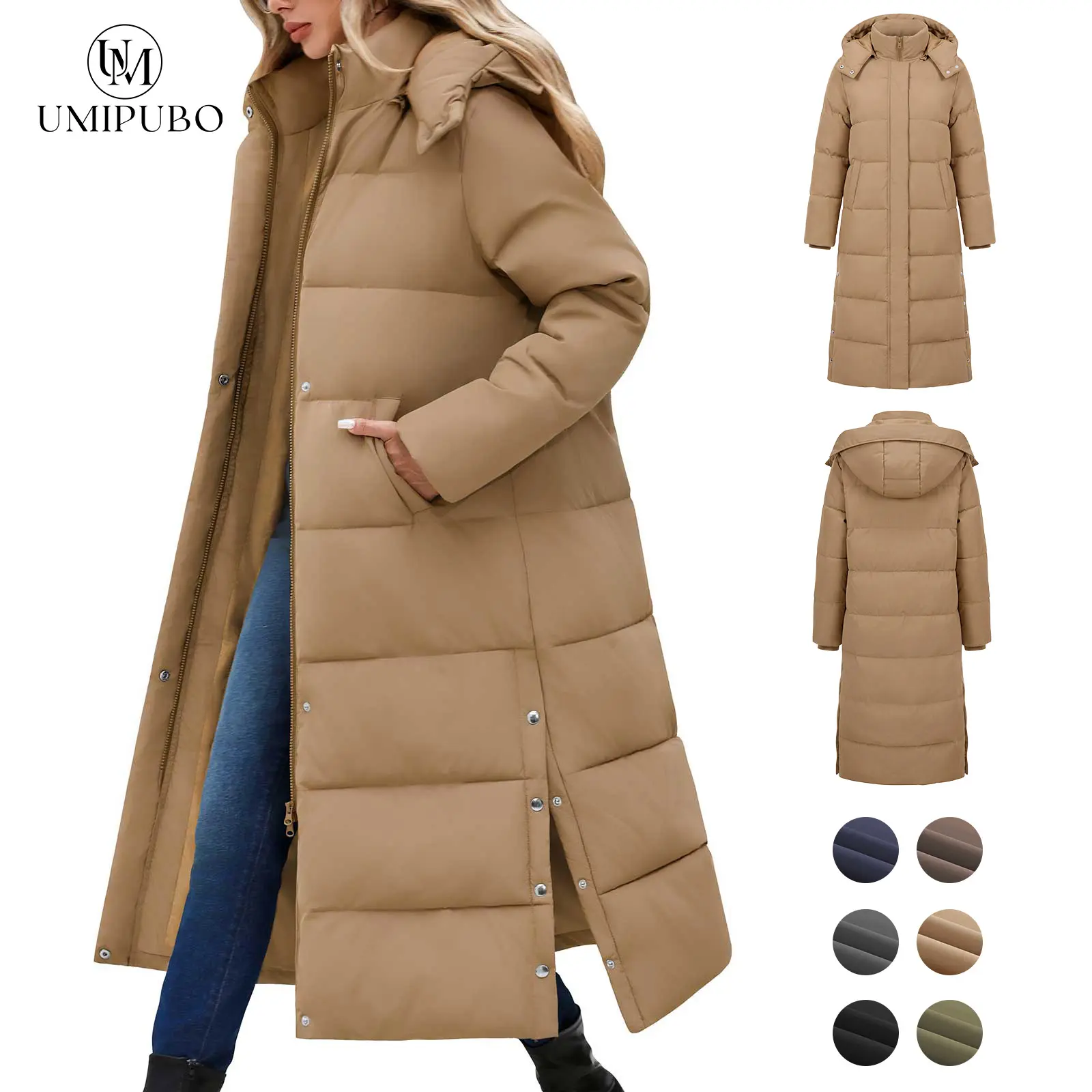 UMIPUBO Lady's Long Sleeve Fitted Casual Long Maxi Down Coat, Winter Puffer Jacket, Warm Padded Outerwear, Tops with Removable Faux Fur Hood, Full-Zip Parka
