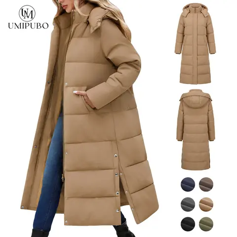 UMIPUBO Lady's Long Sleeve Fitted Casual Long Maxi Down Coat, Winter Puffer Jacket, Warm Padded Outerwear, Tops with Removable Hood, Full-Zip Parka