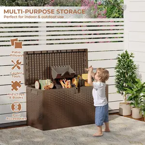 OUTGOODS Large Outdoor Waterproof Resin Deck Storage Box – 80-120 Gallon Lockable Organizer for Patio Cushions, Tools, Pool Gear – Brown or Black Rattan Look