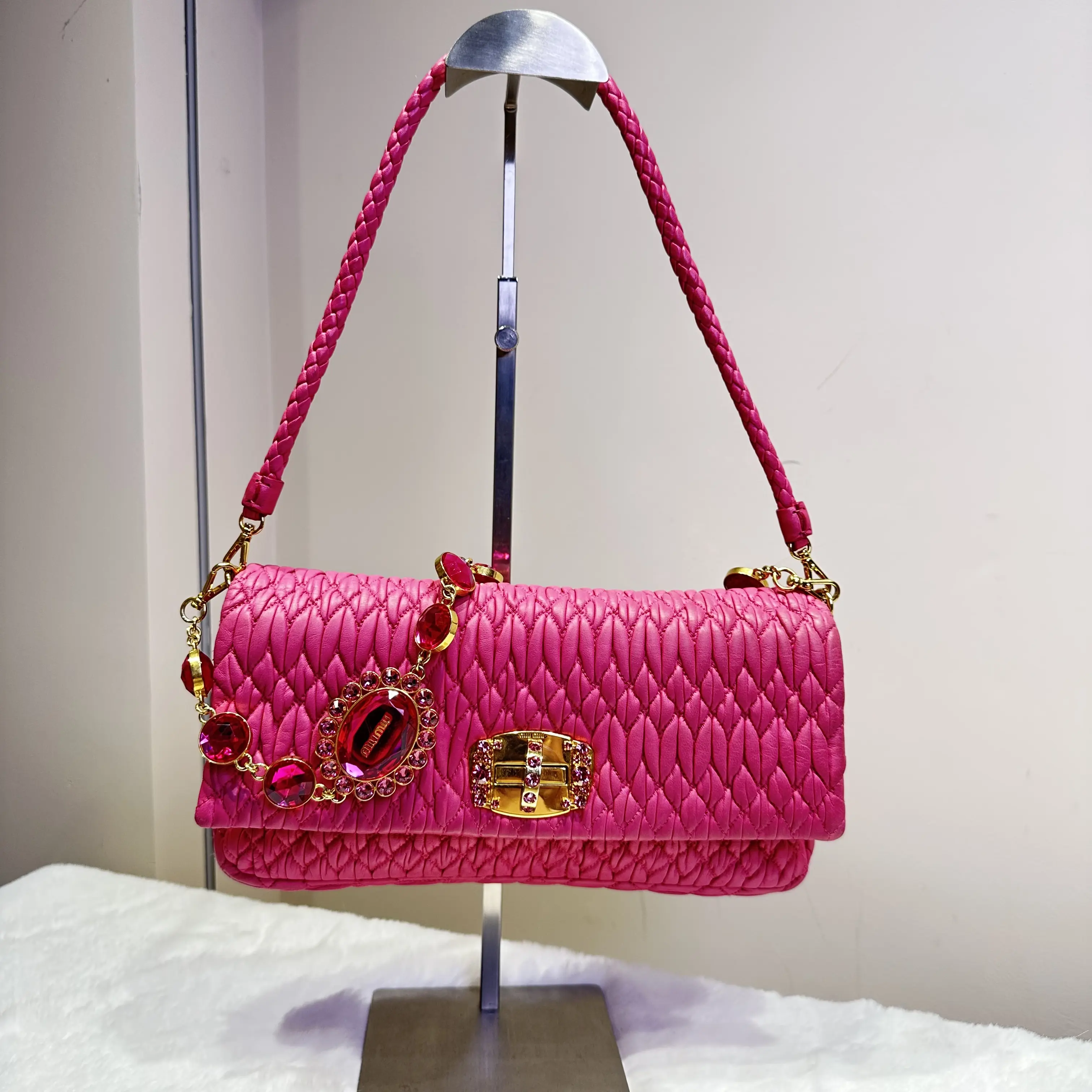 Pre-owned miu miu MIU MIU｜Dragon Fruit Pink Pleated Gemstone Woven Shoulder Bag a74