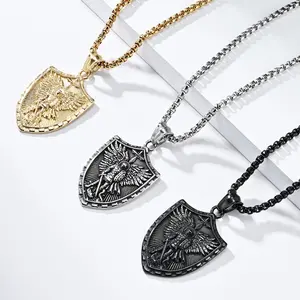 Stainless Steel Archangel Michael Necklace for Men with Sword and Shield Titanium Steel Guardian Angel Pendant