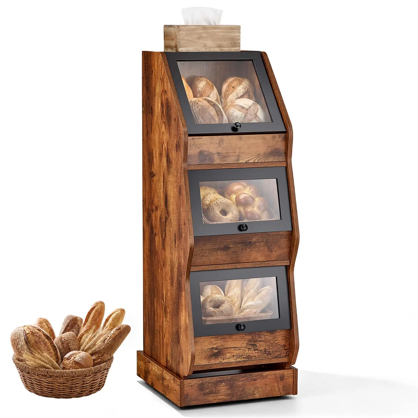 VEVOR Wooden Bread Box for Kitchen, Brown Bamboo 3-Layer Farmhouse Storage Container with Acrylic Door Panel & Air Vents, for Homemade Bread & Pantry Use,techvibes