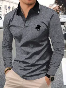 Fashion Knight Horse Racing Print Men's Casual Long Sleeve Polo Shirt Sports Retro Simple All-match T-shirt Daily Outing Light Business Men's Spring and Autumn Running Top