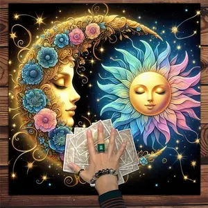 Mystical Sun & Moon Pattern Witchcraft Tarot Tablecloth Decor, Cosmic Floral Design Tarot Tablecloth, Party Gifts for Tarot Fans Boys Girls