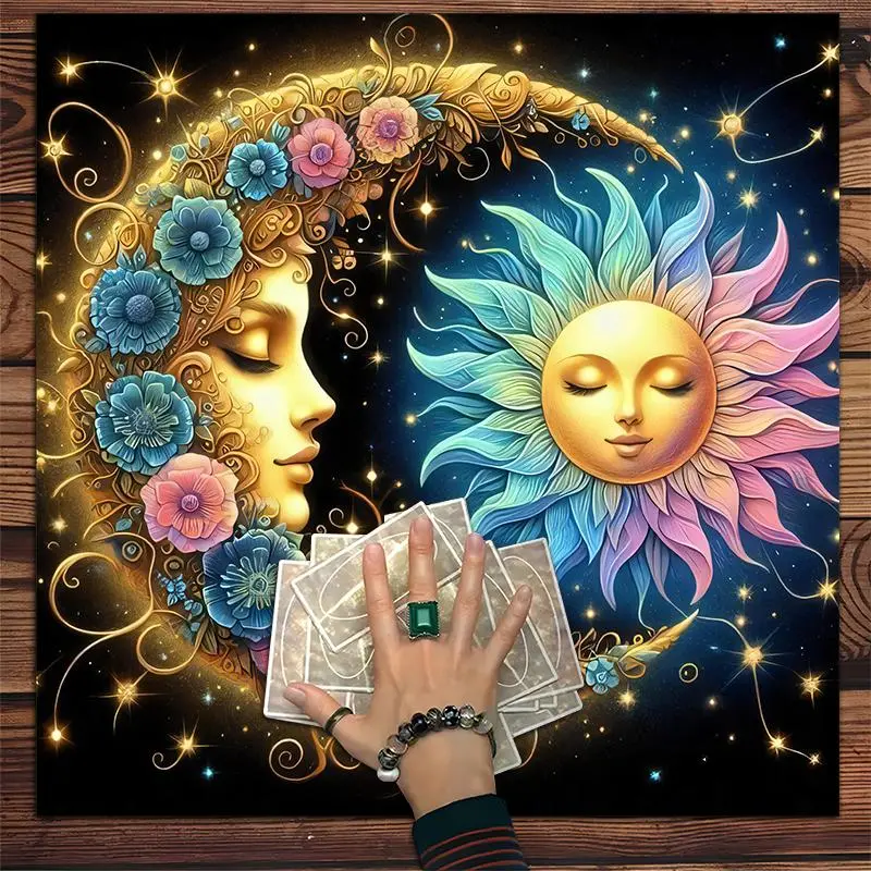 Mystical Sun & Moon Pattern Witchcraft Astrology Tarot Tablecloth Decor, Tarot Reading, Cosmic Floral Design Tarot Tablecloth, Ideal Party Gifts for Tarot Enthusiasts Boys Girls