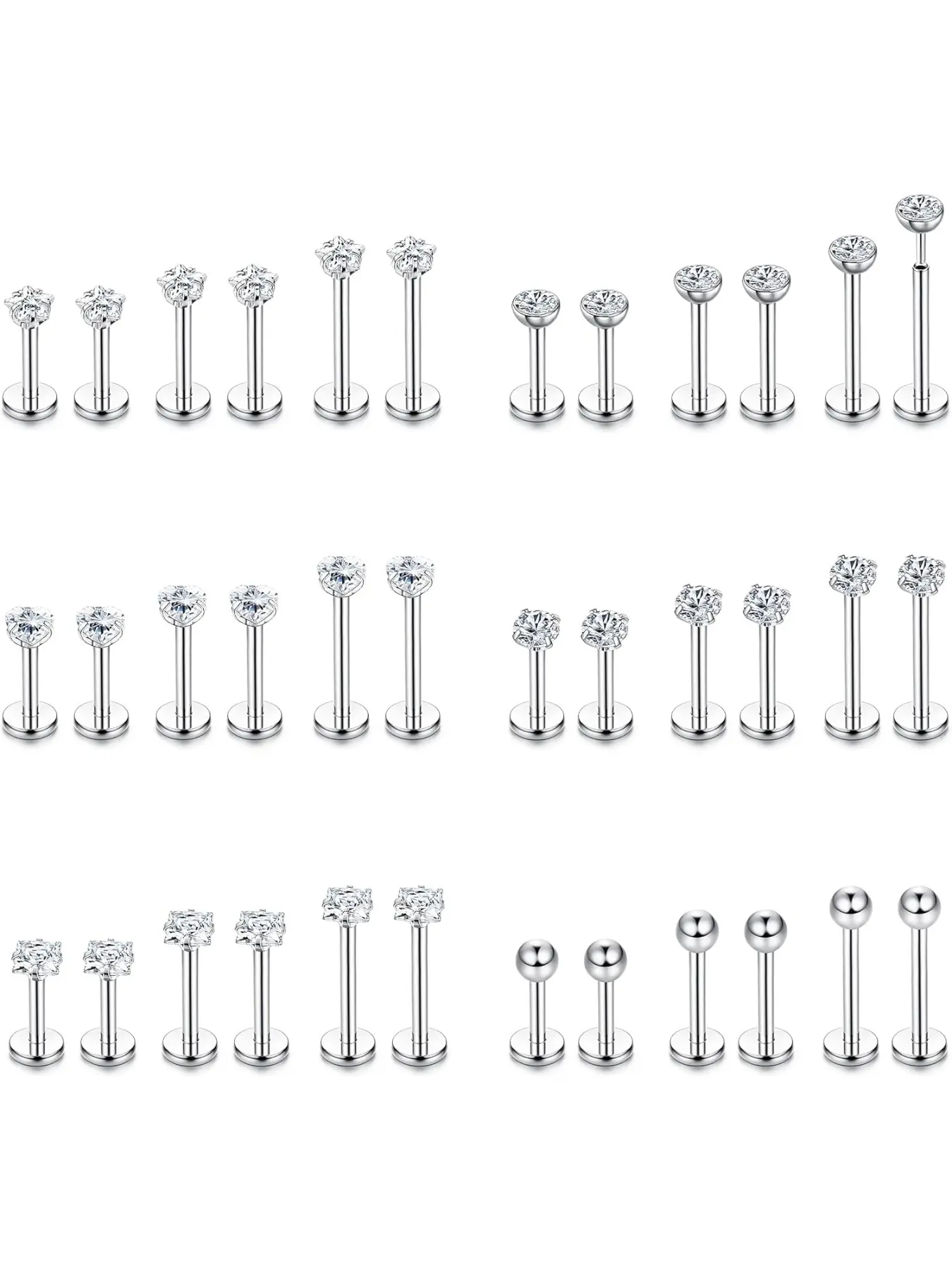 36Pcs Labret Studs Tragus Earrings 16G Stainless Steel 6mm 8mm 10mm Pushin Lip Bars Medusa Helix Tragus Piercing Jewellery Nose Piercing Jewelry for Women Men Silver/Gold/Rose Gold