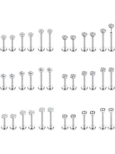 36Pcs Labret Studs Tragus Earrings 16G Stainless Steel 6mm 8mm 10mm Pushin Lip Bars Medusa Helix Tragus Piercing Jewellery Nose Piercing Jewelry for Women Men Silver/Gold/Rose Gold
