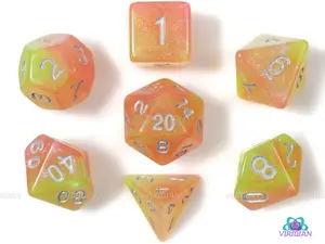 Morning Light | Neon Green, Orange Glittery Acrylic Dice Set (7) | Dungeons and Dragons (DnD)