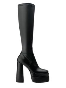women's fashionable casual flare heel side zip knee boots, simple design plain very high heel boots for fall & winter, fashion all-match boots for daily wear, trending shoes, casual warm boots, western ankle boots