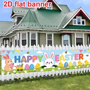 Large 78x17 Inch Easter Banner, Cartoon Rabbit, Painted Eggs, Chick, Carrot Pattern, Durable Polyester, Outdoor/indoor Decor, Easy to Hang