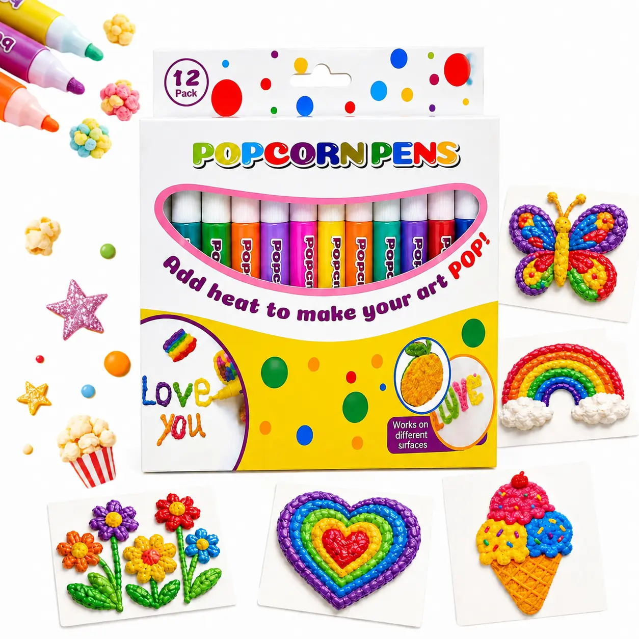 12 PCS Popcorn Pens, Puffy 3D Bubble Paint Markers with Relief Texture Effect, Vibrant Color DIY Craft Pens for Scrapbooking, Drawing, Art Projects, Classroom Activities, Creative Kids Crafts & Gifts