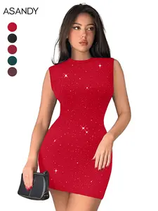 ASANDY Women's Round Neck Sequin Bodycon Dress - Sleeveless Pleated Sparkling Knit Mini Dress, Christmas, Party, Nightclub, Fashion New Arrivals Spring Autumn Elegant Fit