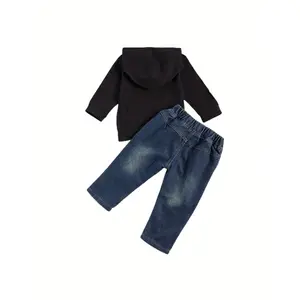 Toddler Boys' 2pcs Outfit Set - Letter Print Long Sleeve Hooded Sweatshirt & Ripped Jeans Cotton Machine Washable Fall/Winter Ages 6 to 24 Months Baby Clothes Pullover Tops 2 3 T Perfect Outdoor cute clothes set