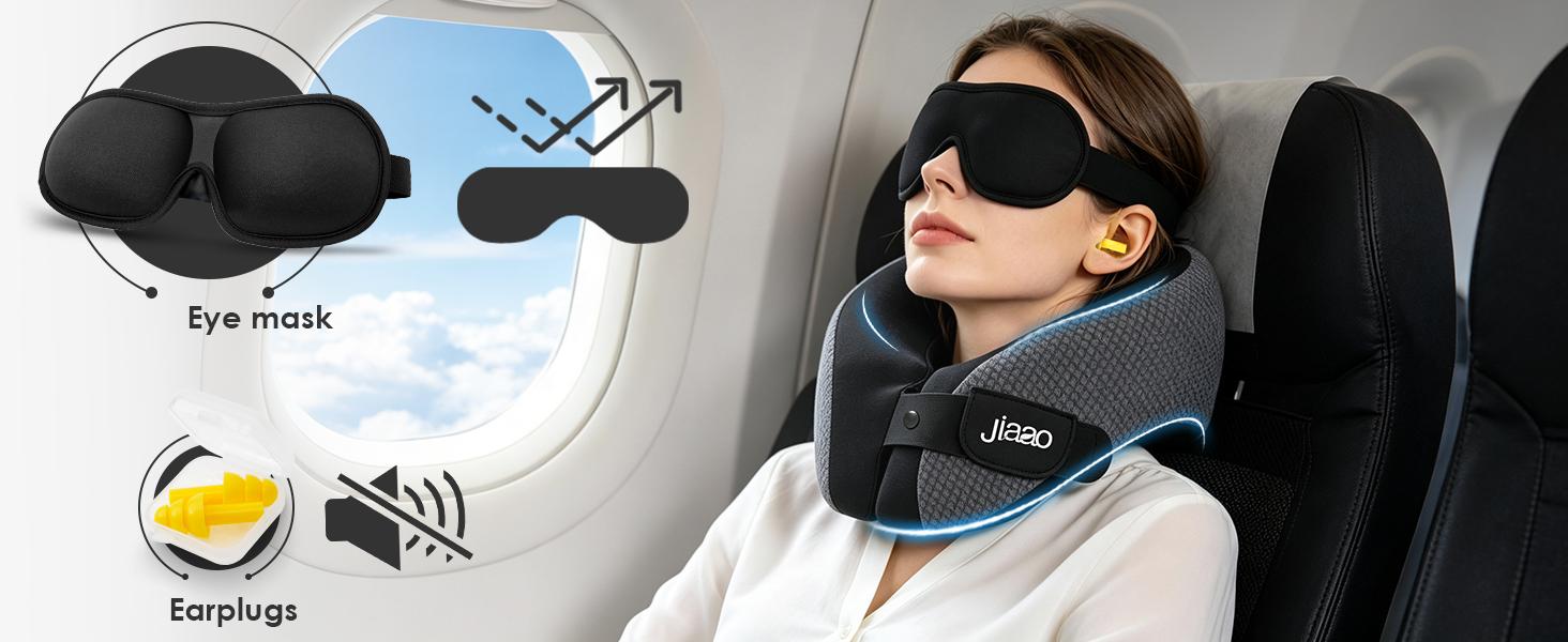 JIAAO Travel Pillow for Airplane, Memory Foam Neck Pillow with 3D Eye Mask & Earplugs, Adjustable Travel Neck Pillow with Portable Bag for Long Flights