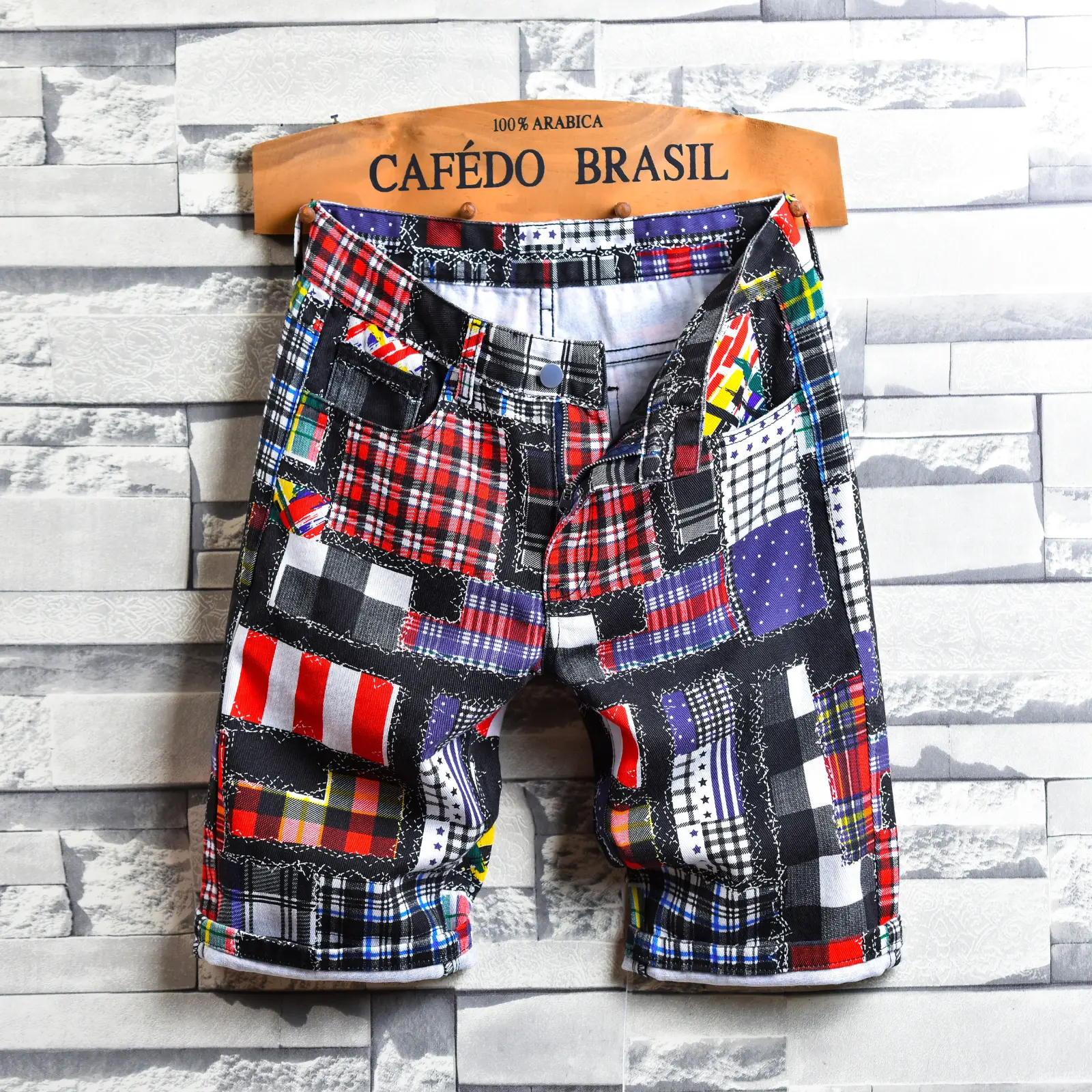 Retro plaid patchwork print mid-length shorts — men’s casual shorts available in multiple colors with striped paneling and rolled cuffs