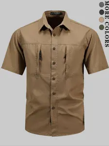 Men's Solid Pocket Button Front Shirt, Regular Fit Casual Short Sleeve Collared Top for Outdoor Work, Men's Clothes for Summer