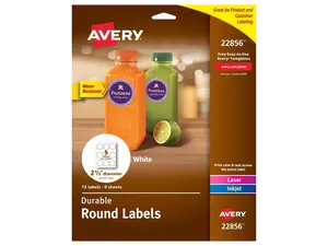 Avery Printable Waterproof Round Labels with Sure Feed, 2.5" Diameter, White, 72 Customizable Labels (22856)