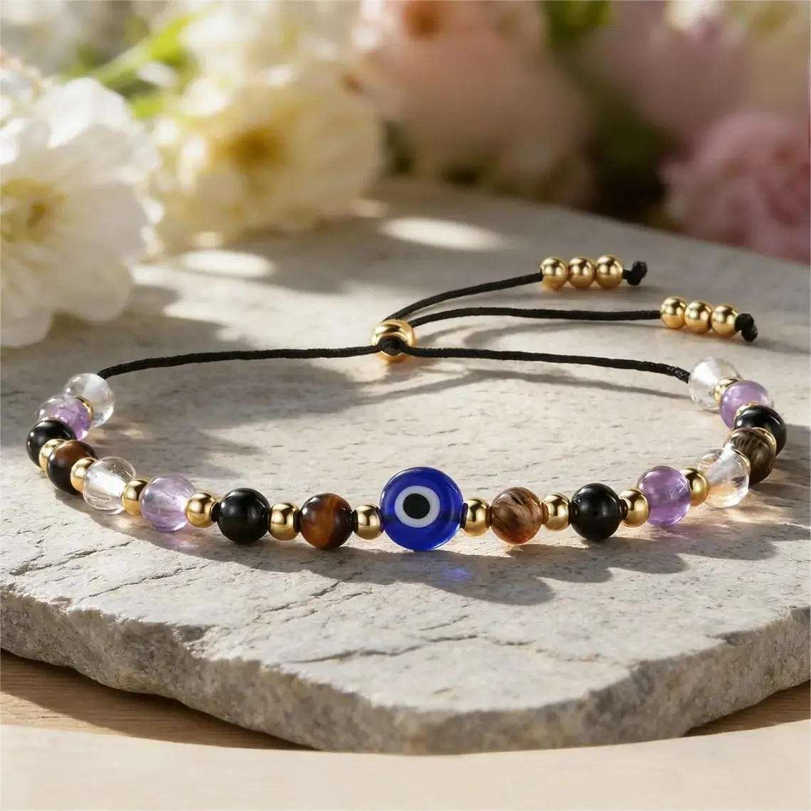 Fivefold Blessing Natural Stone Strand Gift, Evil Eye Protection Party Gift with Clear Quartz Amethyst Tiger Eye Black Tourmaline, Adjustable Lucky Gift for Best Friend Family Girlfriend Birthday Friendship Party