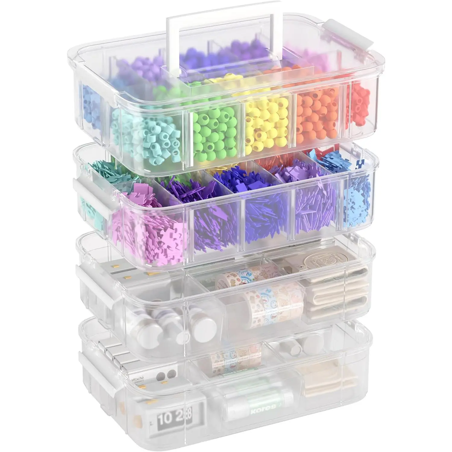 Rectangular Polystyrene 4-Layer Transparent Eco-Friendly Home Organizer Storage Box - Lid Cover, Carry Handle, 2 Removable Trays, 20 Adjustable Dividers, 10 Fixed Compartments, 10.9x7.08x9.84in (27.2x18x25cm) for Puzzles, Craft Supplies