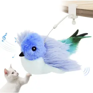 Rechargeable Motion Sensor Interactive Flapping Bird Cat Toy with Rod, Clamp, Elastic String & Catnip, Automatic Chirping Hanging Feather Toy for Indoor Cats (Blue)