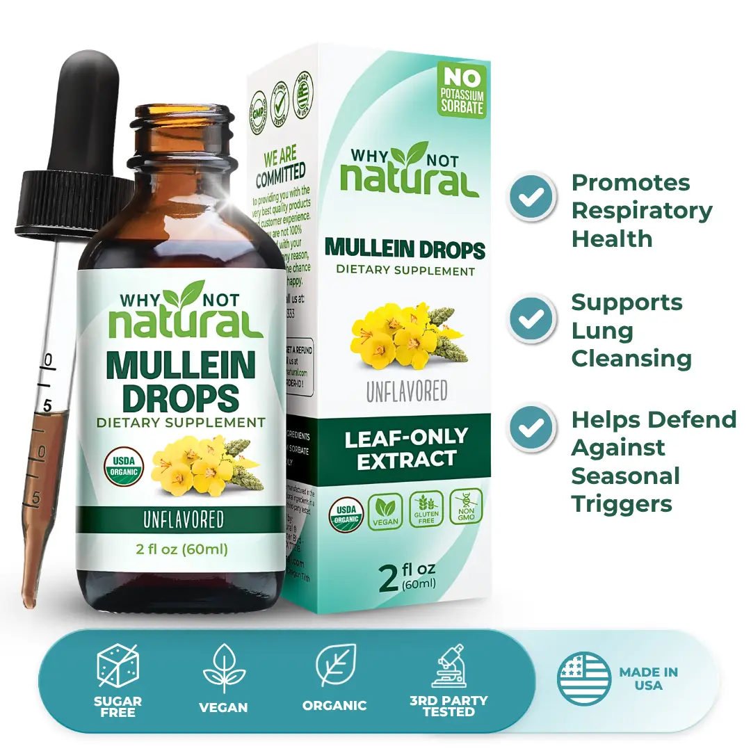 Why Not Natural Organic Mullein Drops for Lungs, USDA Organic, Vegan & GMO-Free, 2 fl oz, Unflavored