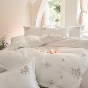 Luxury Hotel Quality White Bedding Set,Super King Double Queen King Single size Chic Embroidered Duvet cover Set, Includes 1 Duvet cover & 2 Pillowcases, Comfortable Home Decor