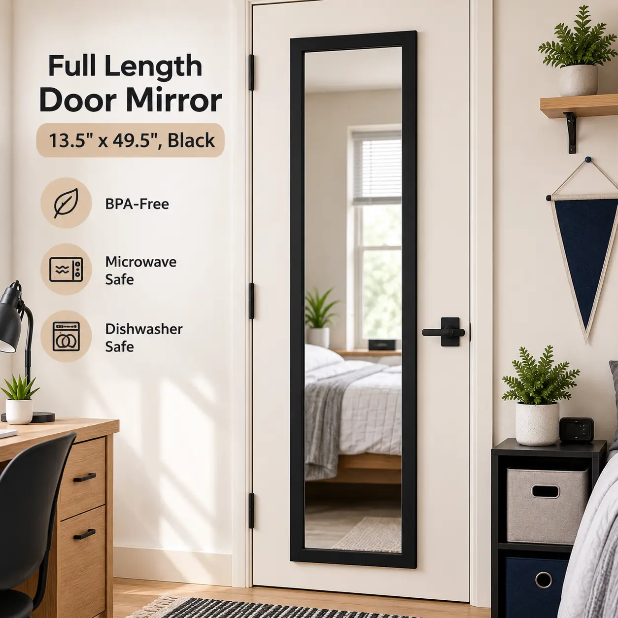 Full Length Door Mirror 13.5" x 49.5", Black Modern Wall Mirror for Bedroom, Closet, and Living Room