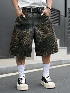 Men's Retro Leopard Print Jeans Shorts, Summer Streetwear Loose Fit Wide Leg Pants, Trendy Fashion Lazy Style Short Pants