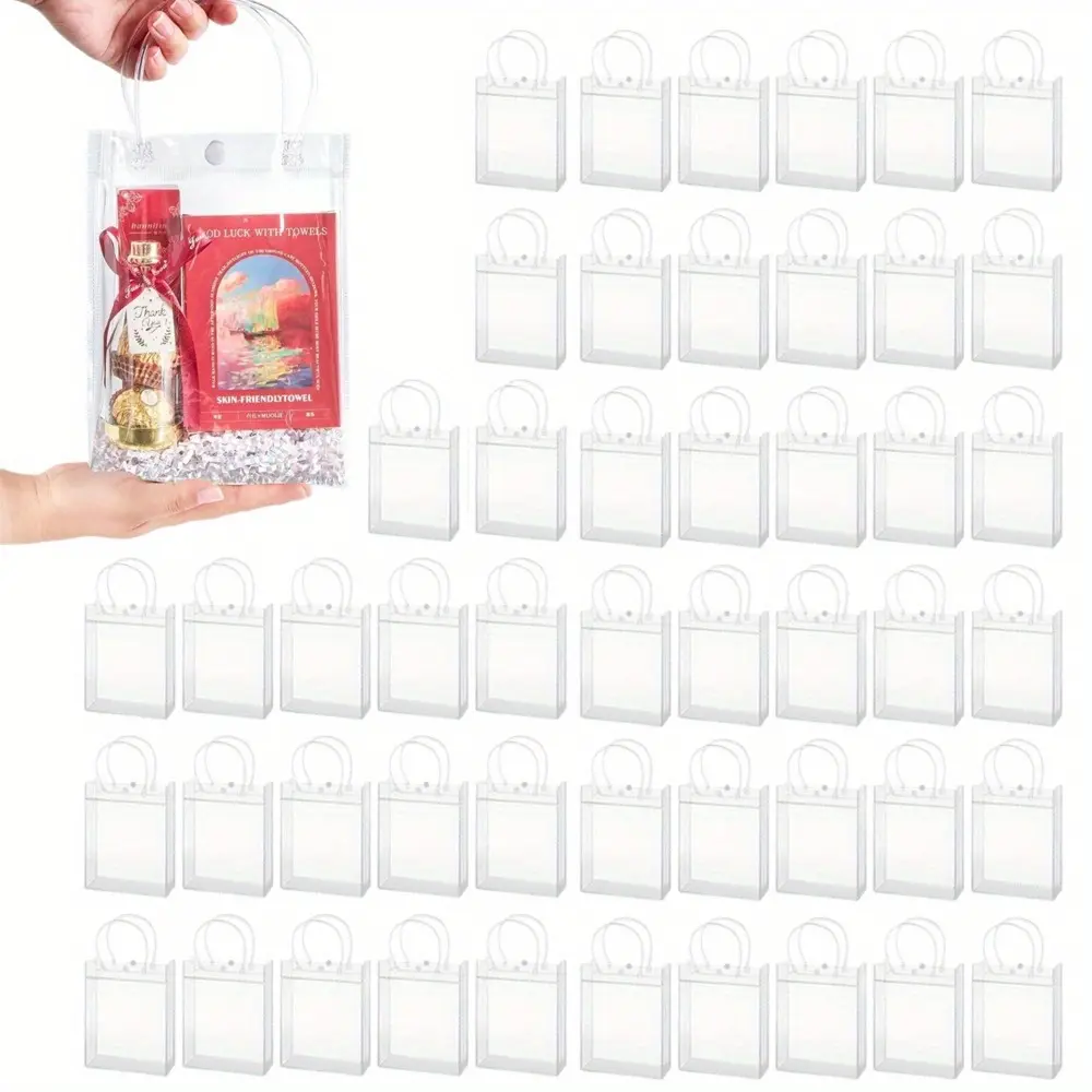 Pack of 50 Clear Plastic Gift Bags with Handles, Party Favor Bags, Reusable Goodie Tote Bags Ideal for Graduations, Weddings, Birthdays, Showers, Celebrations, Festivals, Shopping Retails, Bridal Showers and Many More Occasions (5.9” x 7.9” x 2.8")