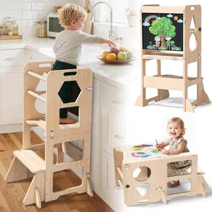 4-in-1 Toddler Kitchen Step Stool- Foldable Learning Tower with Blackboard for Kids Ages 1-3 summervibes outdoorfun