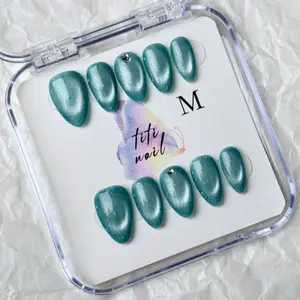 TiTinails Teal Cat Eye Press On Nails| Polka Dot Design| Almond Shape| 100% Handmade 10pc Reusable Set