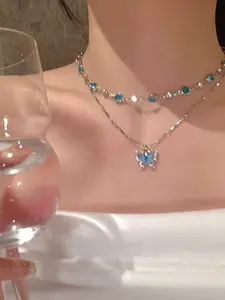 Women Girls Blue Butterfly Necklace Set, Zinc Alloy Layered Choker Chic Gorgeous Jewelry Gift, Casual All-Season Accessory