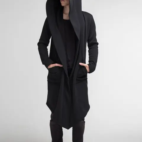 Men's Solid Pocket Hooded Cape Coat, Regular Fit Casual Long Sleeve Open Front Outerwear for Fall & Winter,   Hoodie Jacket, Men's Clothes for Daily Wear